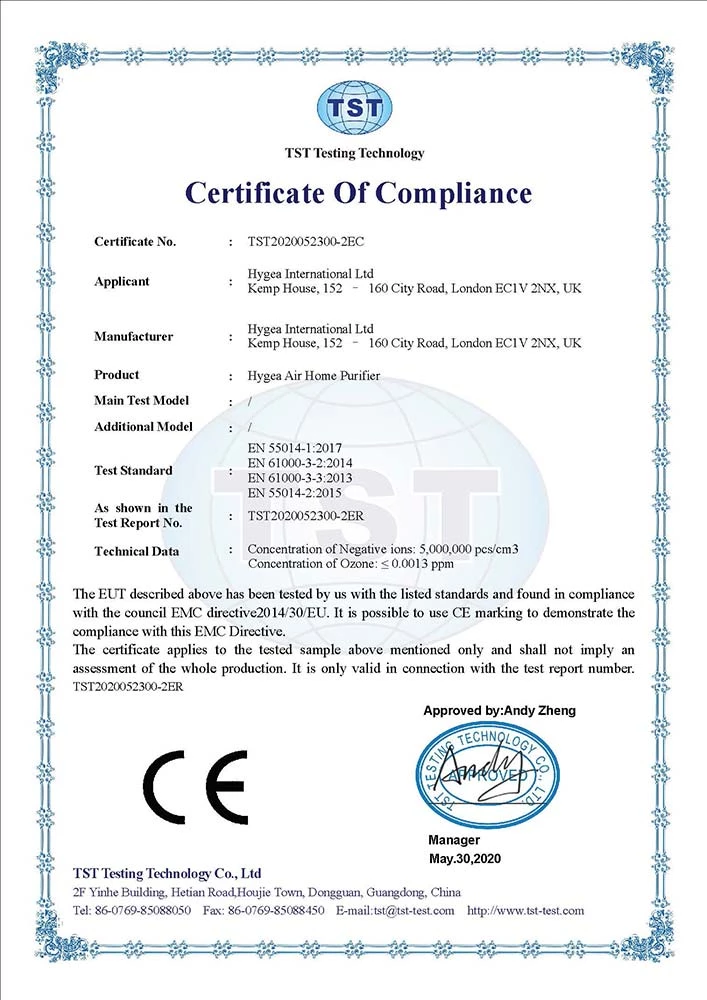 Hygea Air Home CE - EMC certification
