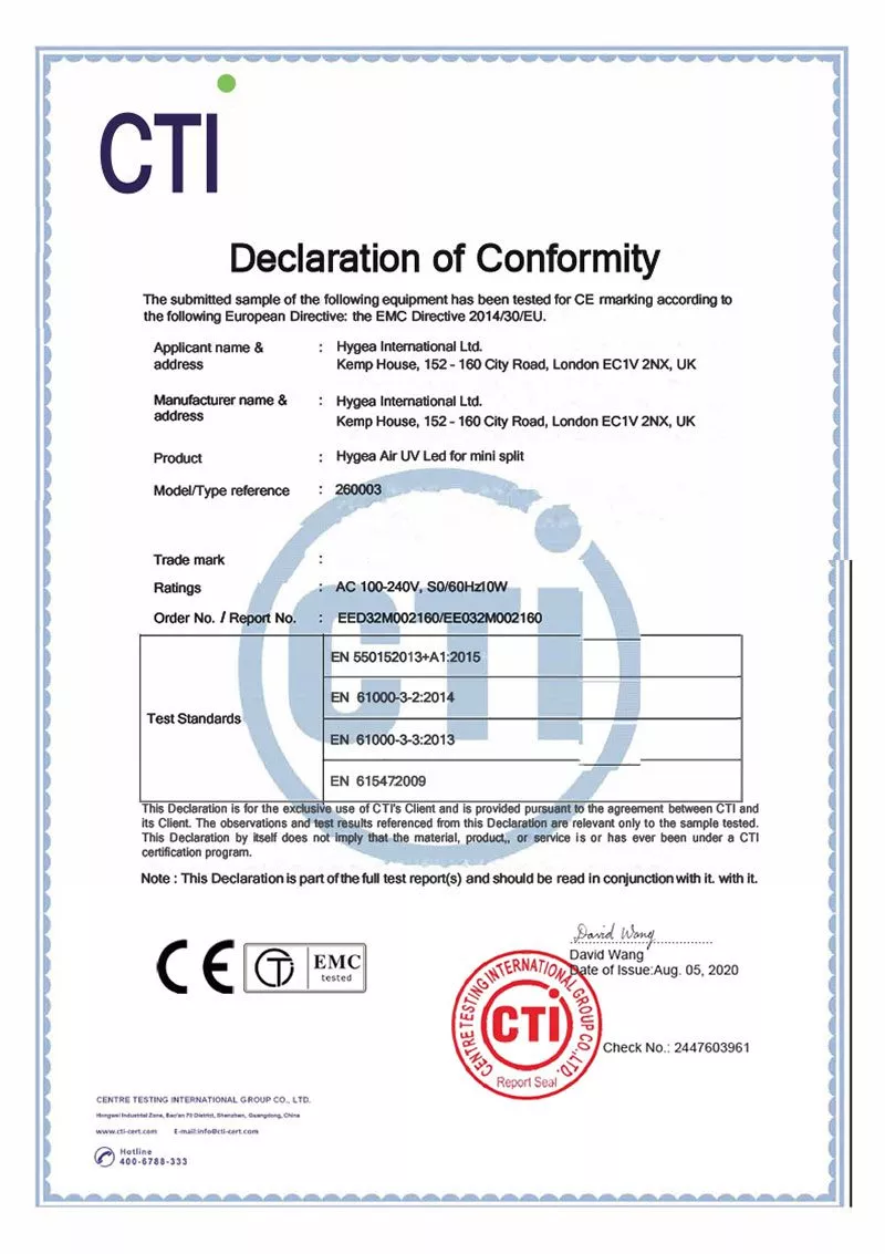 Hygea Air UV Led CE сертификат